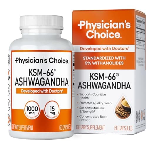 Physician's CHOICE KSM-66 Ashwagandha Root Powder Extract 1,000mg - Organic - with Black Pepper for Maximum Absorption - 5% Withanolides - Stress, Mood & Athletic Support - 60 Vegan Capsules