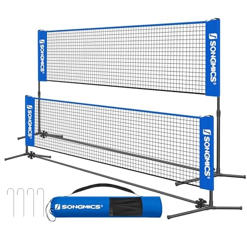 SONGMICS 10 ft Badminton Net, Height Adjustable Volleyball Net, Pickleball Net with Poles, Foldable Nylon Net for Tennis Indoor Outdoor Court, Blue and Black USYQ300V1