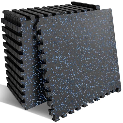 PRAISUN 0.6" Thicker Rubber Top Gym Flooring for Home Gym, 12 Pcs 48 Sq Ft Workout Mats, Exercise Mat, Interlocking Rubber Floor Mats with High Density EVA Foam for Garage, 24 x 24in, Black/Blue