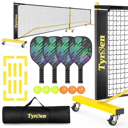 TYRSEN Pickleball Net Set - Pickle Ball Net on Wheels for Driveway Backyard, 22FT Regular Size, 4 Pickleball Paddles & 6 Balls, 12 Court Markers, 1 Carry Bag, Pickle Ball Set for Indoor Outdoor