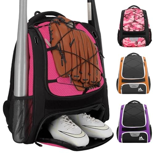 Hsmihair Baseball Bag - Baseball Backpack Holder for Baseball, Large Main Compartment,T-Ball & Softball Equipment & Gear for Youth and Adults,Holds Bats, Helmet, Gloves (Pink)