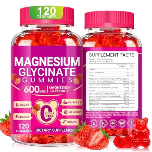 Magnesium Glycinate Gummies 600mg, Chewable Sugar Free Potassium Magnesium Gummies with Magnesium Glycinate, Vitamin D, B6, and CoQ10 for Zzz, Relaxation, Brain and Muscle, 60 Days Supply