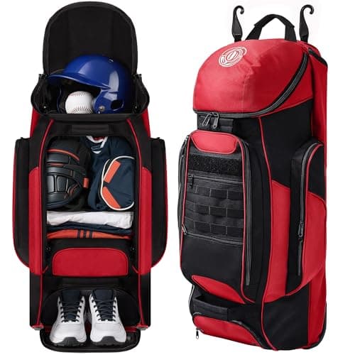Sturdum Catchers Gear Bag with Wheels, 99L Large Capacity Rolling Baseball Bag with Multi-Pockets, Sturdy Softball Bag with Sturdy Back Base Plate, 4 Bat Sleeves, Shoe Compartment, Fence Hooks