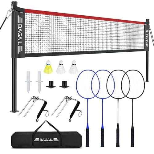 BAGAIL Outdoor Badminton Net Set with Anti-Sag Winch System - Official Size 20ft x 5ft, 4 Rackets, 3 Shuttlecocks, Durable PE Net & Carry Bag for Backyard, Beach, Family Games - Red