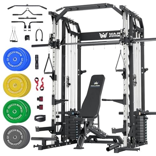 Major Fitness Drone2 Premium Smith△ Machine, All-in-One Home Gym Squat Rack with Aluminum Pulley Set, Weight Bar (SL D2AW Package(with Black Bench+230lb))