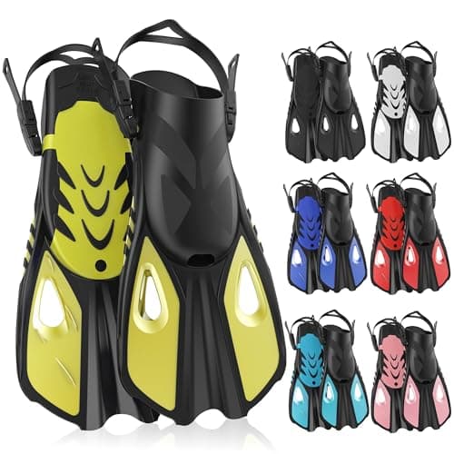 MELUMILU Snorkel Fins, Swim Fins Travel Size Short Adjustable for Snorkeling Diving Adult Men Women Open Heel Swimming Flippers (Yellow)