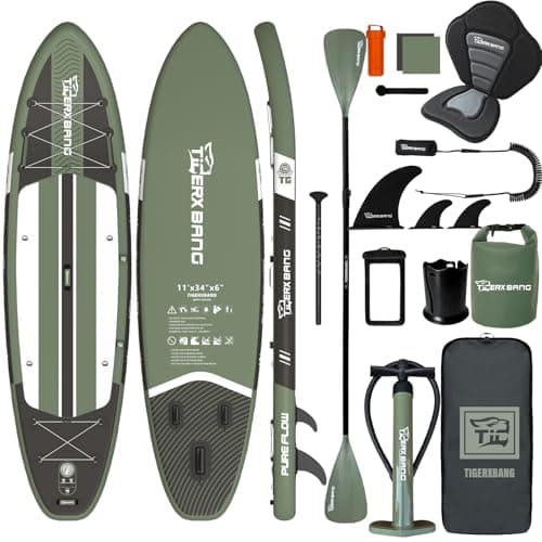 TIGERXBANG Inflatable Stand Up Paddle Board, 11'x34 x6, Ultra Wide SUP with Seat, Cup Holder, Dry Bag, Repair Kit, Waterproof Phone Case, Double-Head Paddle, for All Skill Levels (Olive Green)