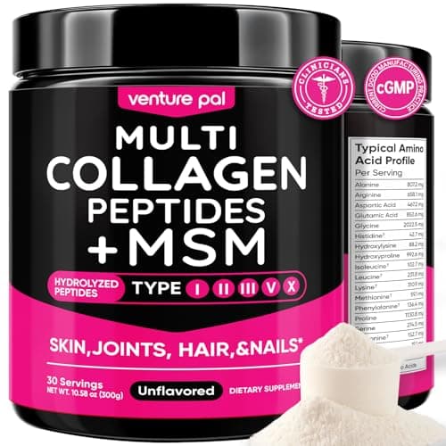 Venture Pal Multi Collagen Protein Powder Type I, II, III, V, X – Hydrolyzed Collagen Peptides MSM, GC, Hyaluronic Acid Vitamin C | Collagen Supplement for Women | Joint, Hair, Skin & Nail Support