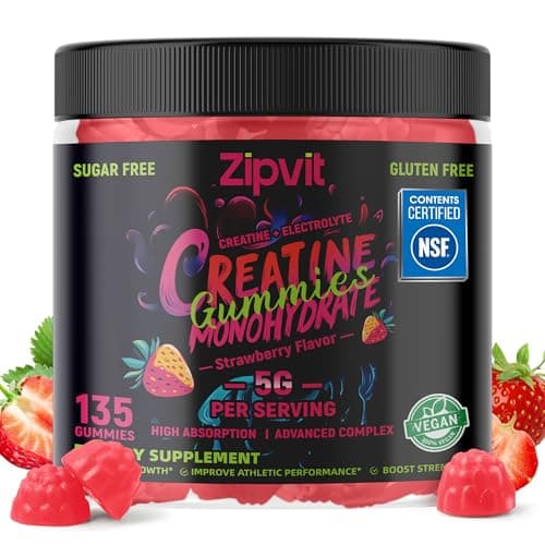 zipvit Creatine Monohydrate Gummies (5g) – Pre-Workout Energy & Muscle Growth Support for Men & Women | Strawberry Electrolyte Gummies (135 Count)