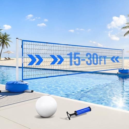 Patiassy Pool Volleyball Net Set for Inground Pools, 15-30FT Adjustable Full-Coverage Net (No Gap Design), Pool Games for Adults and Family, Poolside Volleyball Nets with Ball, Pump, Weighted Base
