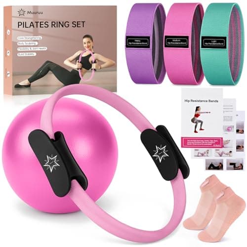 Pilates Ring Set, Pilates Equipment for Home Workouts, 14 Inch Magic Circle with Padded Handles, Mini Exercise Ball, 3 Resistance Bands, Non-Slip Socks, Essentials Kit for Women, Beginners (Pink)