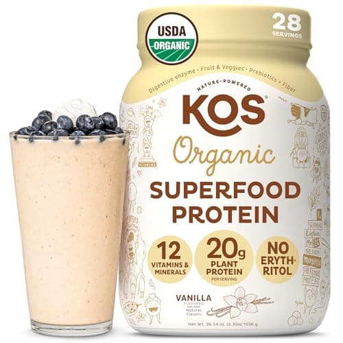 KOS Vegan Protein Powder Erythritol Free, Vanilla USDA Organic - Pea Protein Blend, Plant Based Superfood Rich in Vitamins & Minerals - Keto, Dairy Free - Meal Replacement for Women & Men, 28 Servings