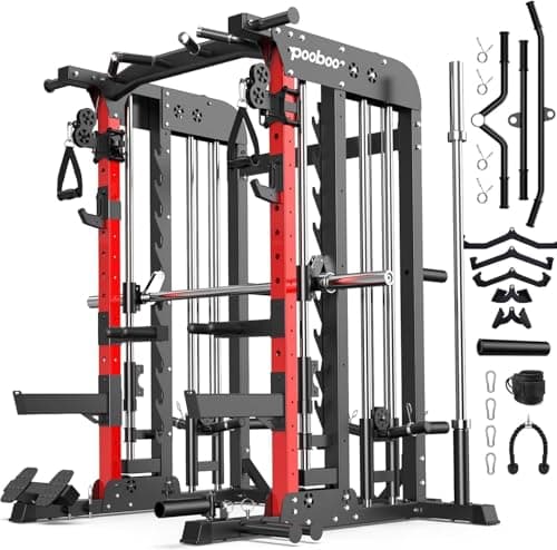 pooboo Multi-Functional Machine Power Cage, 2000LB Squat Rack, LAT-Pull Down System, Dual Pulley Cable Crossover System, Home Gym Workout Machine with Strength Training Attachments (P43 Pro)