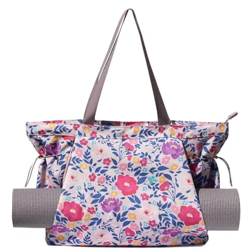 ESVAN Yoga Tote Bag for Women Drawstring Canvas Shoulder Bags for Workout Travel Carryall Pilates Gym and Beach (Light Pink)