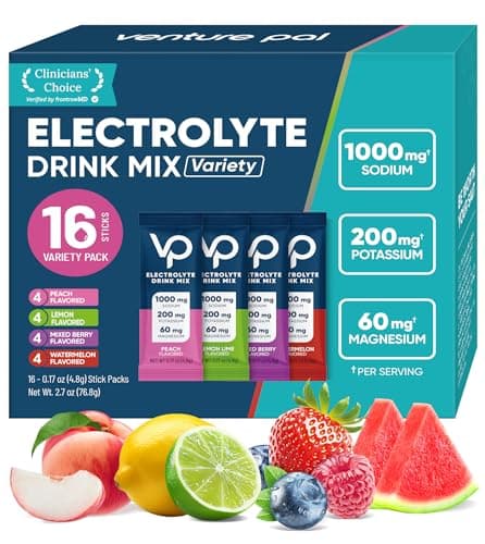 Venture Pal High Sodium Sugar-Free Electrolyte Powder Packets - Hydration Packets with Sodium, Potassium & Magnesium | Zero Calories | Keto, Vegan, and Paleo Friendly | 16 Sticks