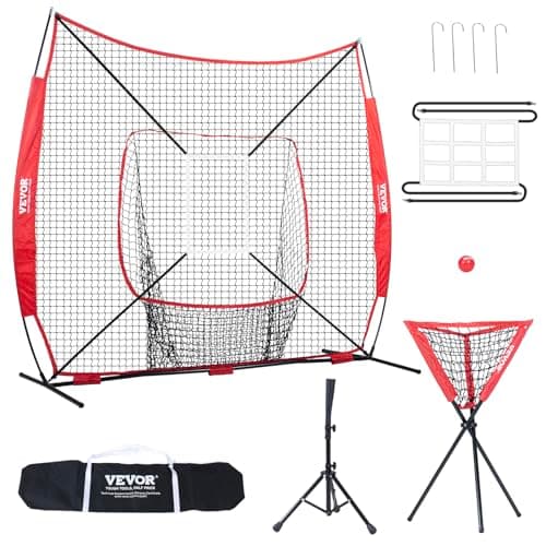 VEVOR 7x7 ft Baseball Softball Practice Net, Portable Baseball Training Net for Hitting Catching Pitching, Backstop Baseball Equipment with Bow Frame, Carry Bag, Strike Zone, Ball, Tee, Ball Collector
