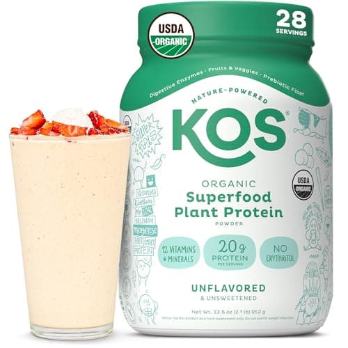 KOS Vegan Protein Powder, Unflavored & Unsweetened - Low Carb Pea Protein Blend, Organic Superfood Rich in Vitamins & Minerals - Keto, Soy, Dairy Free - Meal Replacement for Women & Men - 28 Servings