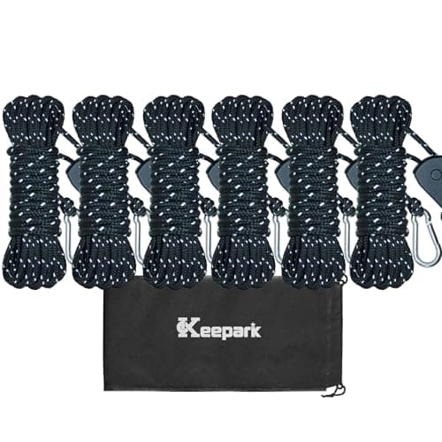 Camping Rope Guy Line - Tie Down Ropes with Ratchet System, Pulley & Reinforced Metal Gear - Heavy Duty Guy Lines for Canopy Tent, Quick Setup Outdoor Strap (1/6" Dia. x 13.12' L, 6PCS, Black)