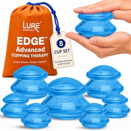 Lure Essentials Edge Silicone Cupping Set, Cupping Kit for Massage Therapy, Long Lasting Cups for Professional & Home Use, Body Sculpt Cup for Cellulite, Ultra Transparent Blue (8 Count)