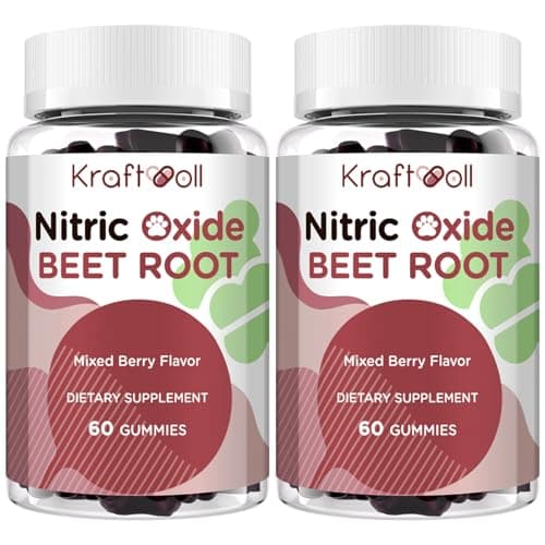 Kraftvoll Nitric Oxide Beet Root Gummies – Sugar-Free Beet Chewables, Mixed Berry Flavor with Grapeseed Powder, Pomegranate, Vitamin C & B12 – Nitric Oxide Supplements for Men – 60 Gummies (2 Bottles)