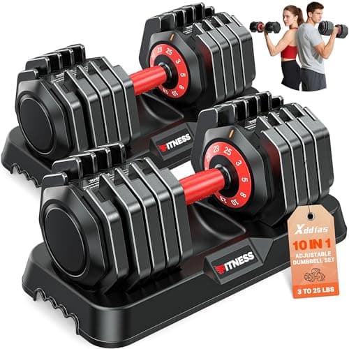 XDDIAS Adjustable Dumbbell Set of 2, 25/55/80LB Dumbbell Set-Fast Adjust Weights Set, 5/10/16 in 1 Free Weights Dumbbells Set with Anti-Slip Metal Handle, Compact Size for Men/Women Home Gym Equipment (25LB-Pair-10Gears-RED)