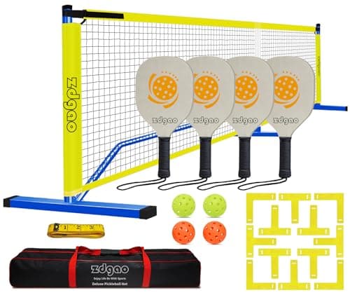 Zdgao Pickleball Nets Portable Outdoor Pickle Ball Set with 4 Wooden Pickleball Paddles, 4 Pickle Balls and Court Marking Kit, Regulation Size Pickleball Net with Carrying Bag for Backyard, Driveway