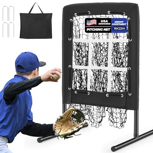 Sturdum 9 Hole Pitching Net, Portable Nine Pocket Pitching Target Baseball Softball with Strike Zone, Height Adjustable Pitcher Training Equipment with Carry Bag, 4 Ground Stakes