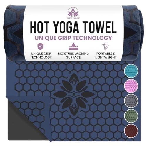 Clever Yoga Hot Yoga Mat Towel – Non-Slip Grip for Hot Yoga, Sweat Absorbent, Honeycomb Silicone Grip, Stays Flat – Ideal for Pilates, Travel, Washable & Lightweight - Dark Blue