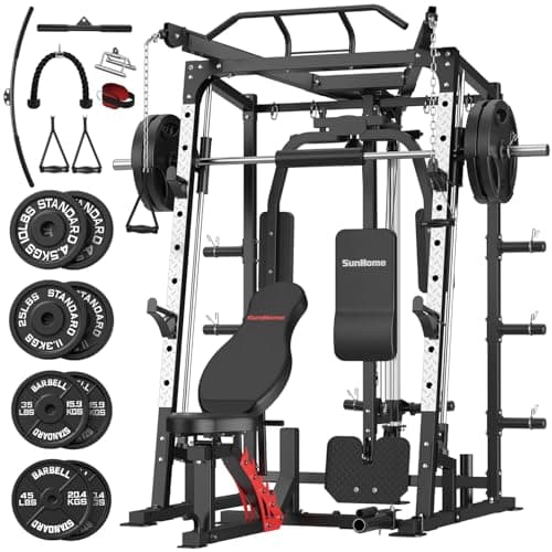 SunHome Smith Machine with Bench and 230LBS BP, 2000LBS Power Cage Squat Rack with Smith Bar, Two LAT Pull-Down Systems, Cable Crossover Machine and and More Cable Attachment for Home Gym