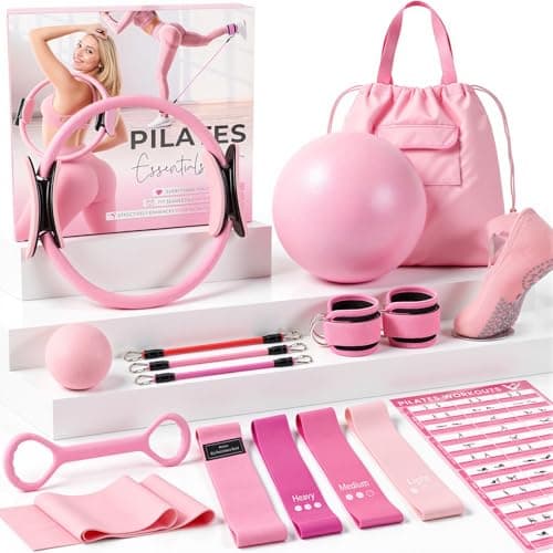 Pilates Kit, Pilates Equipment for Home Workouts, Home Pilates Essentials Kit for Women with Pilates Ring and Ball Set, Socks, ankle resistance bands with cuffs, Resistance Band and Massage ball