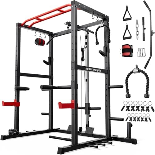 SPORTSROYALS Power Rack, Multi-Functional Power Cage, Squat Rack with Pulley System & LAT Pull Down, Workout Cage with J Hooks for Home Gym