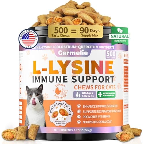 Lysine for Cats, 500ct Cat Immune Support Chews, L-Lysine Supplement for Cats with Colostrum, Omega-3, Soothes Sneezing, Runny Nose & Upper Respiratory Support, Crunchy & Creamy, Chicken Krill Flavor