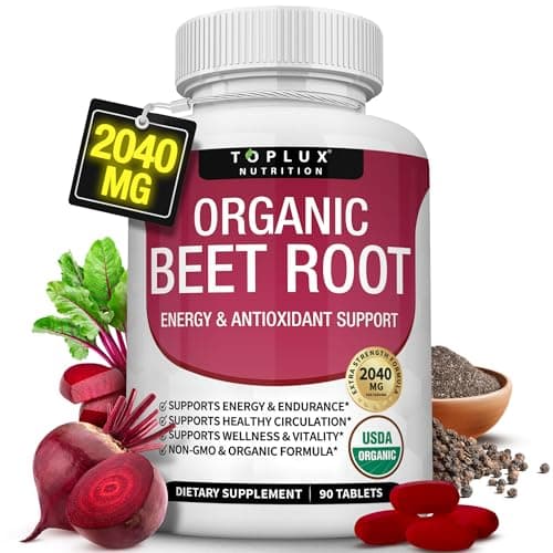 Toplux Organic Beet Root Powder Tablets - 2040mg Natural Nitric Oxide Beets to Support, Energy, Black Pepper Better Absorption, Non-GMO, for Men Women, 90 Tablets