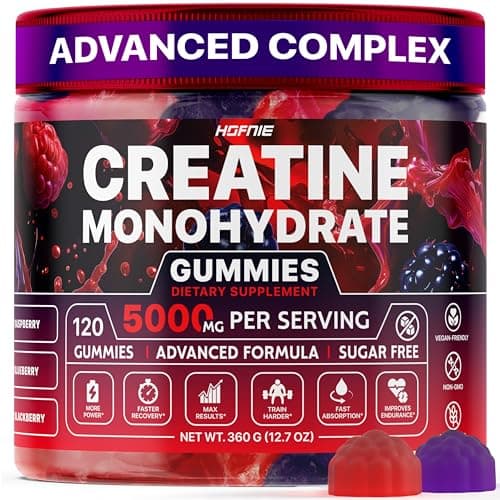 Hofnie Creatine Monohydrate Gummies 5000 mg – Vegan, Sugar-Free Pre Workout Creatine for Men & Women – Raspberry & BlackBerry Flavored Chewable Creatine Monohydrate, 120 Gummies (30-Day Supply)