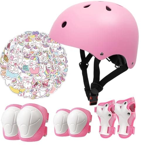 Kids Bike Helmet Pads with Knee Elbow Wrist Pads Guards,Toddler Adjustable Pink Helmet Girls Child with Unicorn Sticker
