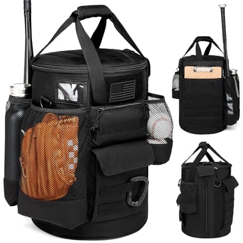SunForMorning Baseball Bucket Bag Baseball Coaching Accessories Organizer Tactical Style Softball Bucket Bag with Anti-Slip Bottom, Multiple Pockets for Bat, Gloves, Scoreboards, Black
