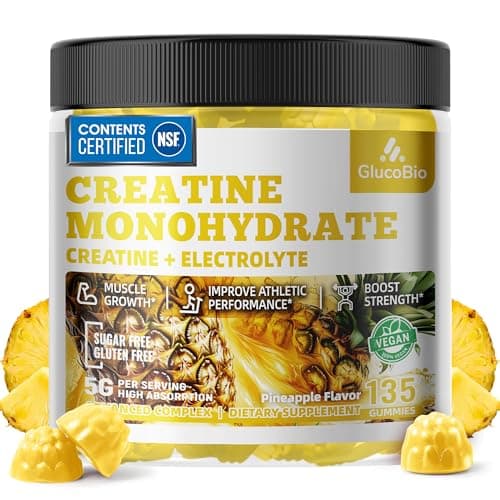 GlucoBio Creatine Monohydrate Gummies (5g) – Pre-Workout Energy & Muscle Growth Support for Men & Women | Pineapple Electrolyte Gummies (135 Count)