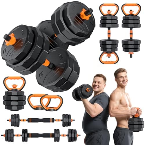 5-in-1 Adjustable Dumbbells, 88lbs Free Weights Set with Connector, Used as Kettlebells, Barbell, Push up Stand, Standard 1" Plates, Fitness Exercises for Home Gym Suitable Women/Men