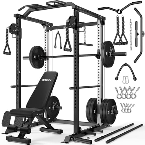 GOIMU DP01 Power Cage, 2000LBS Squat Rack with Cable Crossover and Dual Independent Pulley System, Full Cage for Full Body Training, Power Rack with More Training Attachments for Home Gym(Bk, 220Lbs)