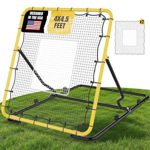 Suteck 4x4.5 ft Baseball Rebounder Net - 2-Net, 3-Angle Adjustable Baseball Bounce Back Net for Multi-Sport Trainer, Ultra-Durable Pitchback for Solo Practice, Storage Bag for Easy Travel, Yellow