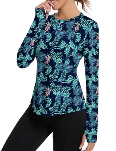 Avoogue Women's UPF50+ Rash Guard SPF Long Sleeve Swimsuits Top UV Sun Protection Swim Shirts for Woman(Leaves Navy Blue,M)