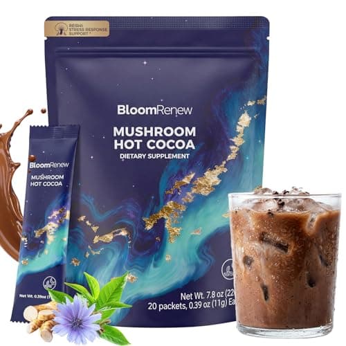 BloomRenew Mushroom Hot Cocoa, Adaptogenic Cocoa Powder with Organic Reishi, L-Theanine, Melatonin & Glycine for Sleep, Stress Support, Keto-Friendly, Gluten & Drug-Free, On-the-Go, 20 Packets