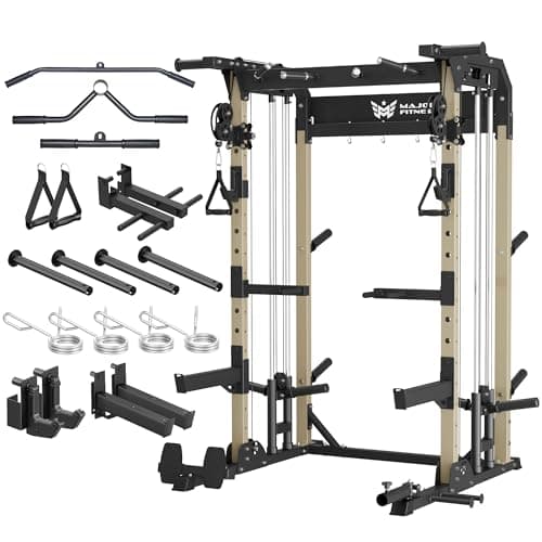 MAJOR FITNESS F22 Power Rack, 1600lbs All-in-One Squat Rack with Cable Crossover, Dual Pulley System, Heavy-Duty Steel Frame, Attachments & Storage for Home Gym Strength Training, Khaki