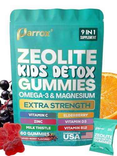 Parrox Zeolite Kids Gummies, 9-in-1 with Zeolite, Omega-3, Magnesium, Elderberry, Vitamin C, Milk Thistle, Vitamin D3, Zinc, B12 – Sugar-Free (60 Gummies – Mixed Berry Flavor)