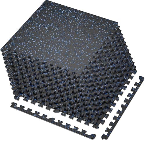 SUPERJARE 0.4'' Thick 12 Pcs 48 Sq Ft Rubber Top Exercise Equipment Mats, High Density EVA Foam Mats with Rubber Top, Interlocking Gym Flooring for Home Gym, Protective Workout Mat, Black/Blue