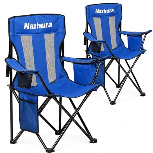 Nazhura 2 Pack Outdoor Camping Chairs Folding/Foldable/Portable with Cooler Pouch, Mesh Backrest and Cup Holder Pocket (Blue, Metal, 2 Pack)