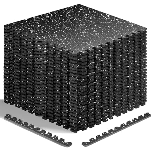 HAPBEAR 0.56'' Thick 24 Pcs 96 Sq Ft Exercise Equipment Mats - High-Density Rubber Top EVA Foam Interlocking Mats, 24x24in Tiles, Heavy-Duty Treadmill Mat for Hardwood Floors, Home Gym Mat