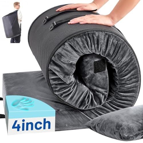 Easthome Memory Foam Camping Mattress Pad with Pillow - Extra Thick 4 Inch Sleeping Pad for Camping, Waterproof Roll Up Single Mattress Topper Bed Mat for Car Truck Tent RV, with Storage Bag, Gray