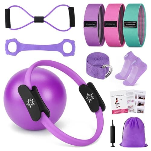 Muuruu Pilates Equipment, Home Workout Pilates Ring Kit with Resistance Bands, 14'' Magic Circle, Mini Ball, Pilates Starter Kit for Strength, Toning and Flexibility, Workout Guide Included