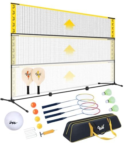 VSSAL 3-in-1 Portable Badminton, Volleyball & Pickleball Net Set for Adults, Adjustable Height 34"–7 ft for Backyards or Beach, Outdoor Sports Combo with Carry Bag, Rackets, Paddles & Balls (10 ft)